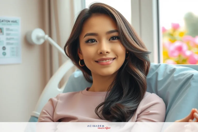 Woman in hospital bed. She has long hair, a pink top and is smiling while looking at the camera.