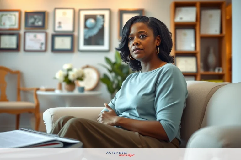 A professional woman, likely a businesswoman or executive, seated on a couch in an office environment. She is dressed in smart-casual attire and is looking towards the camera with a serious expression.