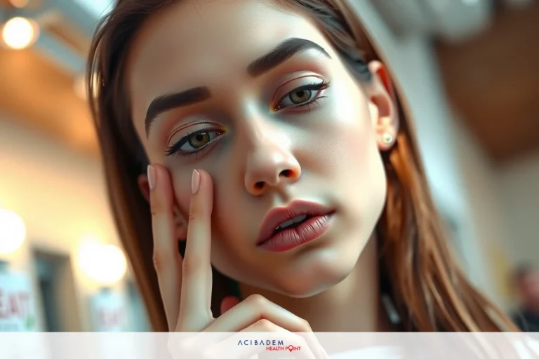 The image is a close-up portrait of a woman with an expressive facial expression. She has a neutral color palette, her eyes are light and she wears a subtle lip color. She touches her face with her hand. The background is out of focus but appears to be an indoor setting with artificial lighting.