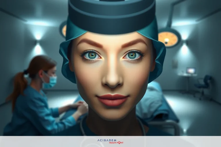 A digital composite of a woman in a medical setting, with her face overlaid onto another image to simulate surgery. Her eyes are accentuated with makeup.