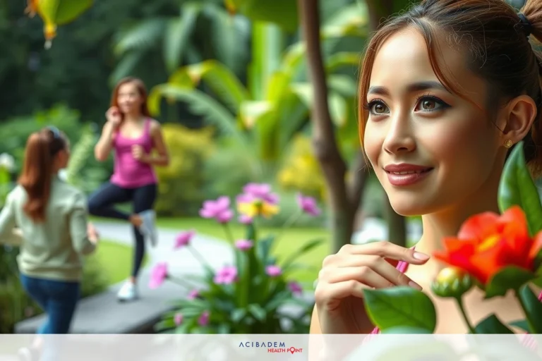 The image shows a young woman smiling at the camera. She is surrounded by lush greenery and vibrant pink flowers, with two other women engaged in fitness activities in the background. The focus is on well-being, outdoor exercise, and the enjoyment of nature.
