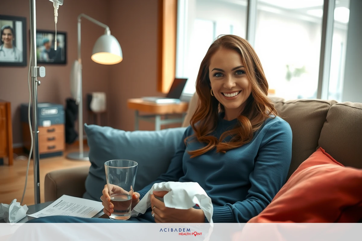 A woman in a dark blue shirt sitting on a couch, holding a glass of water. She is smiling and appears relaxed in a living room setting.