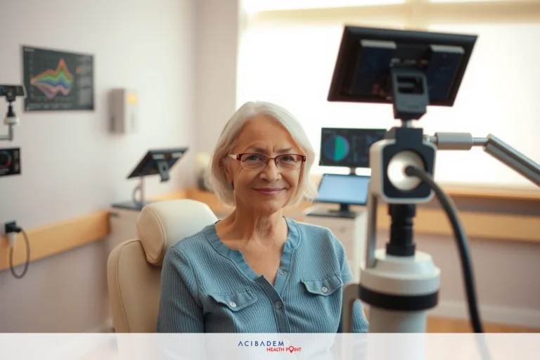 The image shows an elderly woman in a medical office setting. She is seated comfortably with her head resting on the back of a chair, wearing glasses and a light blue top.