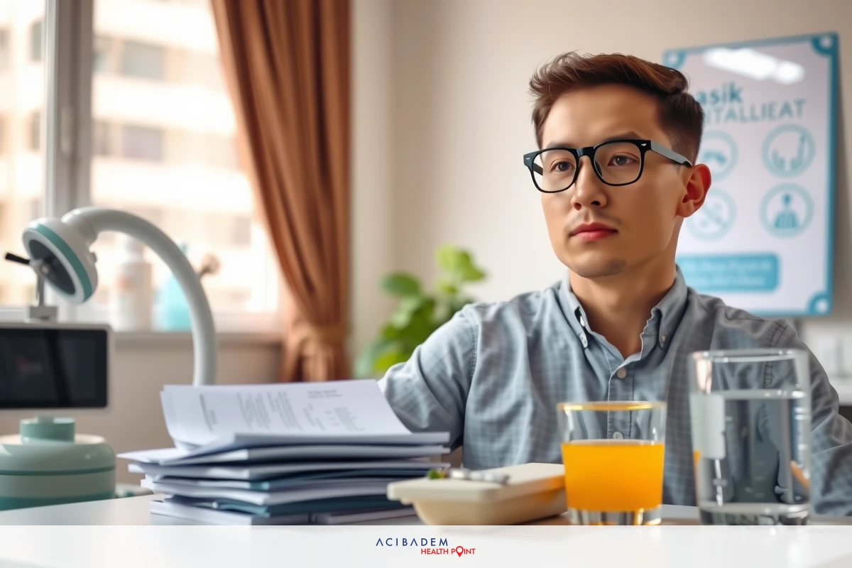 A man seated at a desk, focused on the papers in front of him, with a blurry office environment. The scene suggests concentration and work.