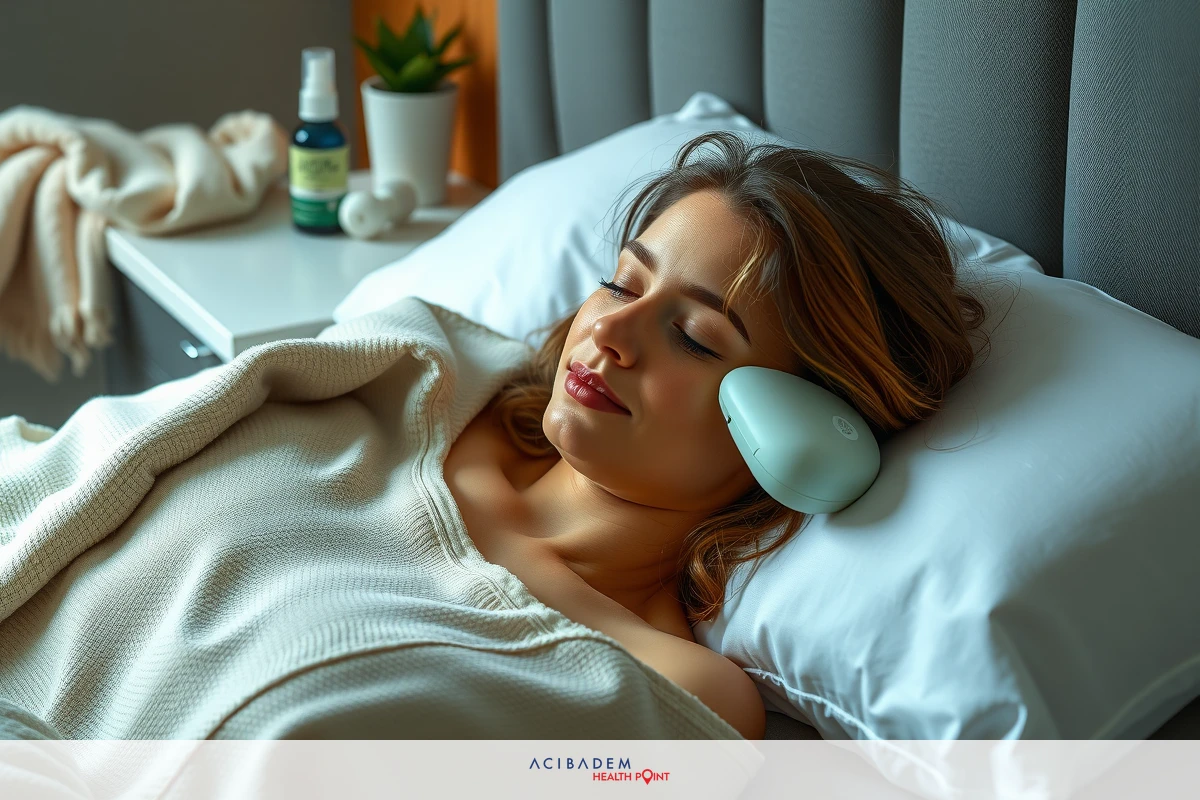 The image shows a woman lying in a bed with her eyes closed. She appears to be sleeping or resting, as suggested by the serene expression and relaxed posture.