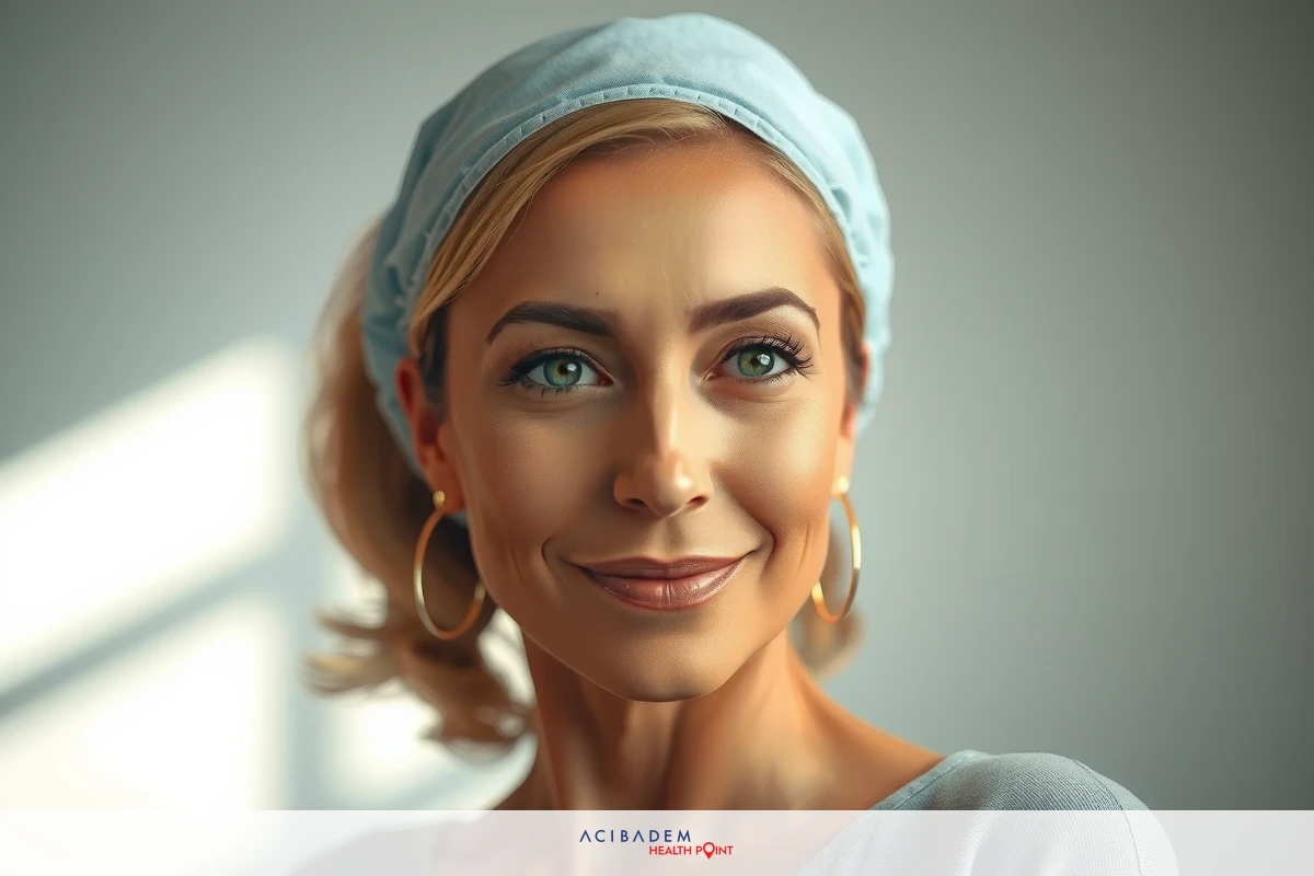 The image shows a woman with fair skin, smiling at the camera. She has blonde hair styled in loose curls and is wearing makeup that includes mascara, eyeliner, and lipstick. The woman is dressed in a light-colored top. The background is neutral in color, providing a plain backdrop for the subject.