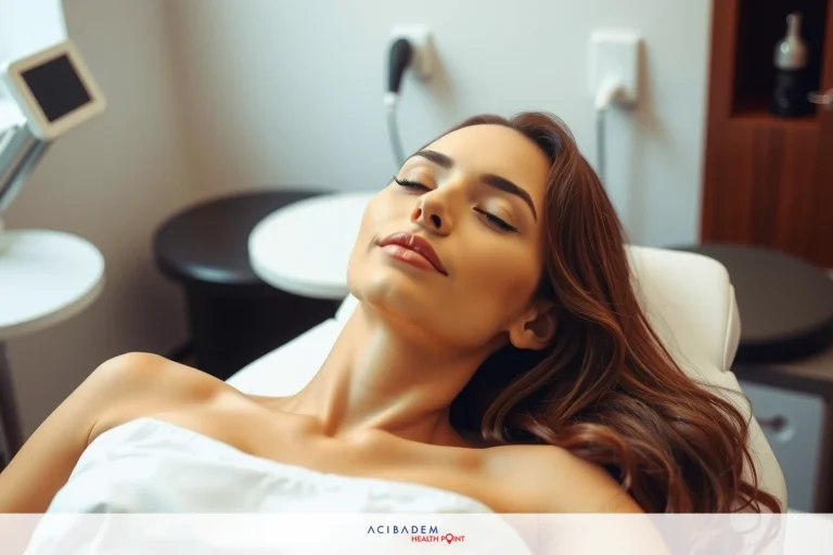 The image shows a woman lying on her back with eyes closed, relaxing or possibly sleeping. She has long hair and is dressed in what appears to be a white garment. The setting seems to be an indoor space that might be a spa or beauty salon, indicated by the presence of chairs and sinks in the background.