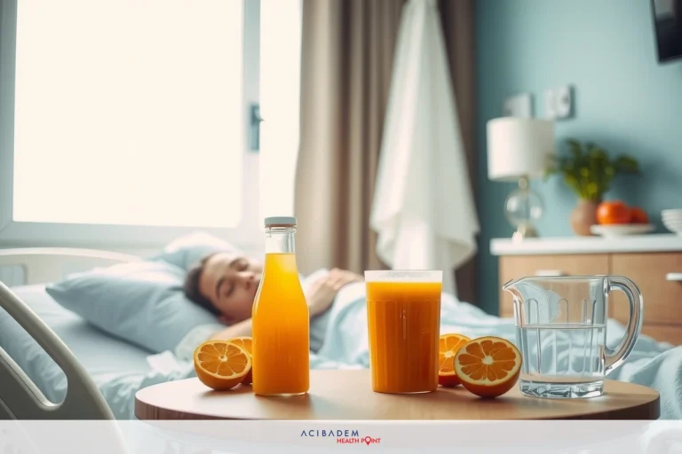 The image shows a hospital room with a patient resting in bed. On the table beside the bed, there are two glasses of orange juice, one cup, and a pitcher containing more orange juice.