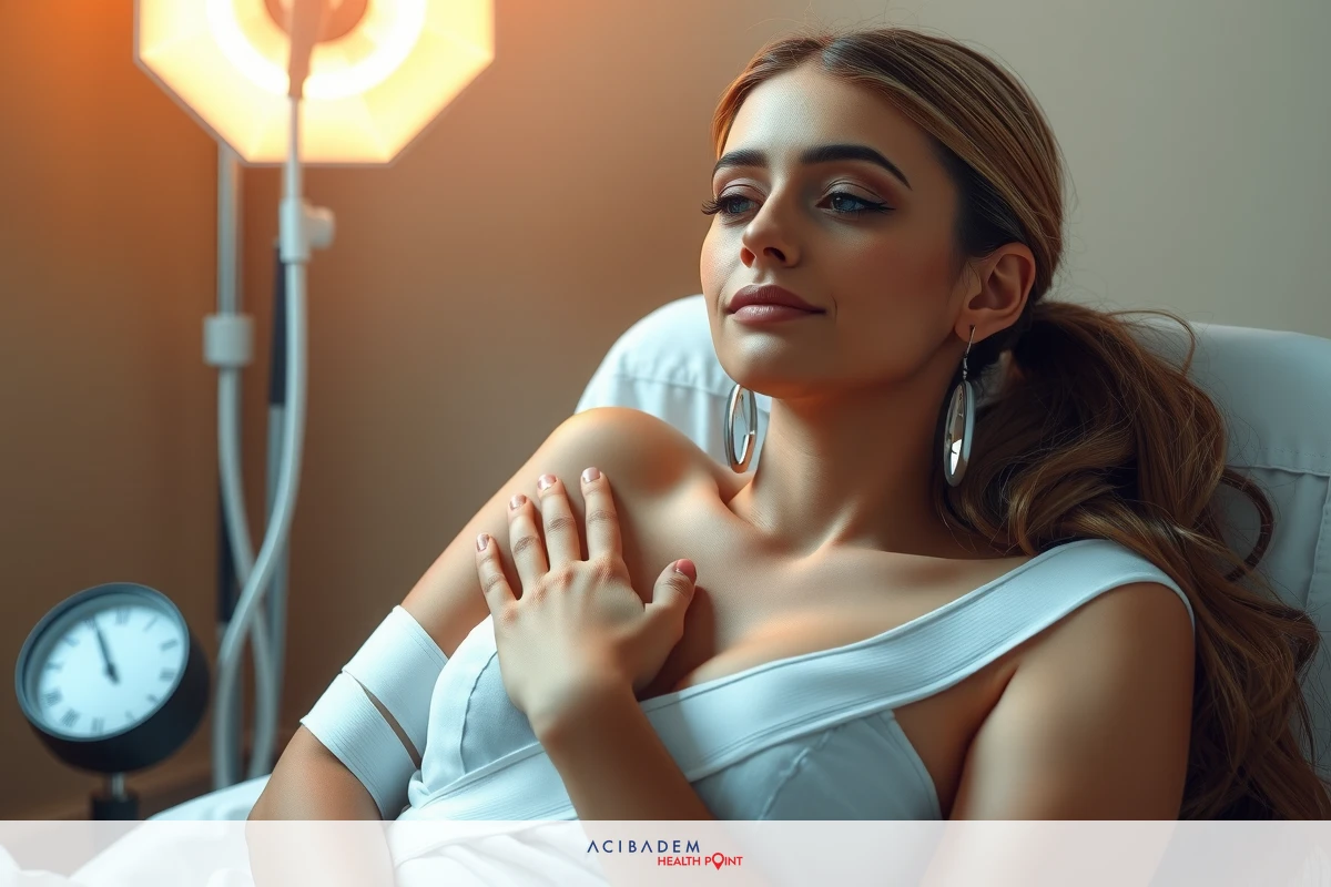 This is an image of a woman lying in a hospital bed. She appears to be wearing a medical gown and has bandages on her arms.