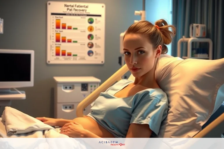 A woman is lying in a hospital bed, wearing an open blue gown. She appears to be hooked up to medical equipment and has a serious expression on her face.