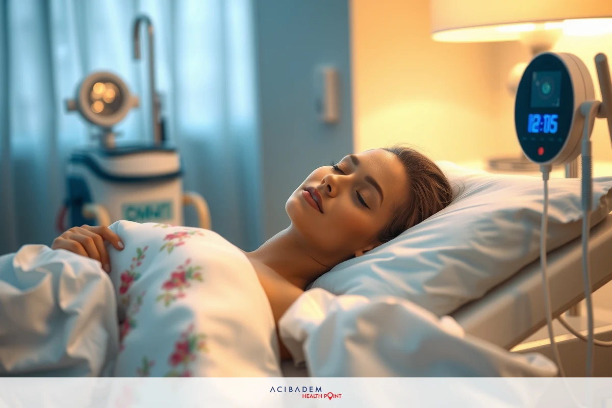 This is an image of a woman lying in a hospital bed. She appears to be asleep or resting, as she has closed her eyes and is not showing any expression. The room seems to have medical equipment around the bed, indicating that this could be a healthcare setting.