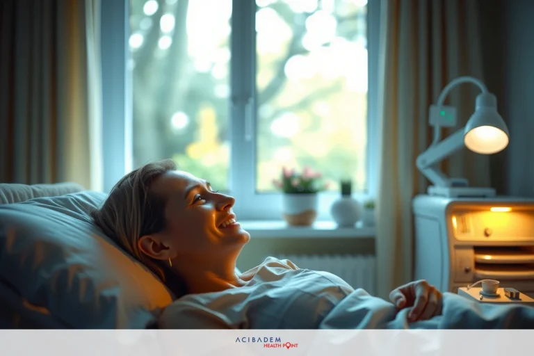 Can I Go for a Walk After Rhinoplasty? This image depicts a serene indoor scene where a woman is lying comfortably in bed, possibly in the early morning or evening given the soft lighting. She appears to be smiling or laughing slightly and has her eyes closed.