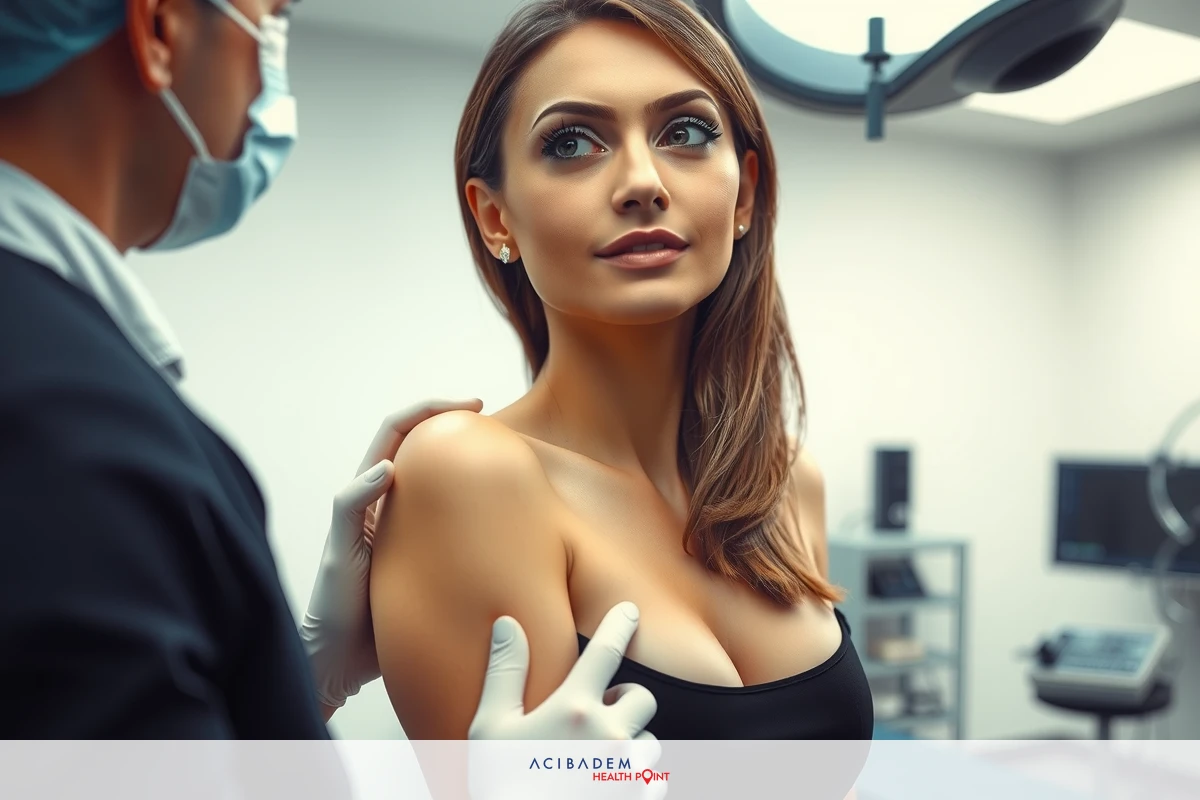 The image shows a medical setting where a woman is seated in front of medical chairs, wearing a black top. There's a plastic surgeon with gloves on and surgical mask covering their face, attending to her examination.