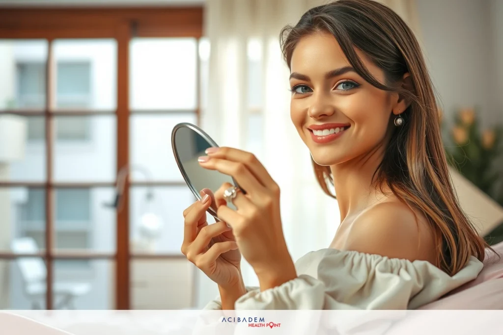 BBL Surgery in South Africa A young woman applying makeup with a mirror. She has long brown hair and is smiling at the camera while grooming her skin.