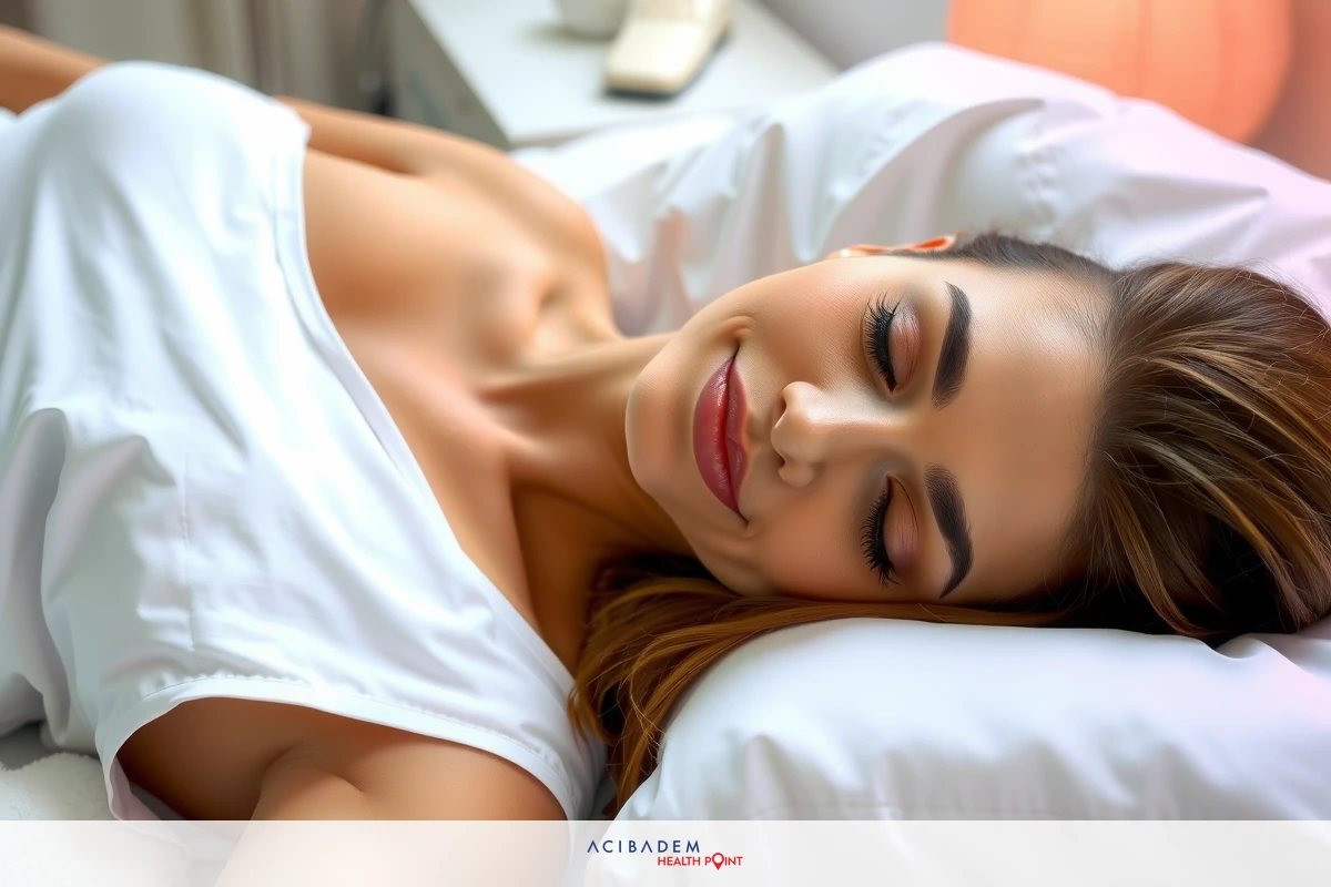 A woman in a white nightshirt, smiling lightly and looking away from the camera. She is lying down comfortably on her bed with pillows and sheets. The image has a soft and calming atmosphere, suggesting a moment of relaxation or rest.