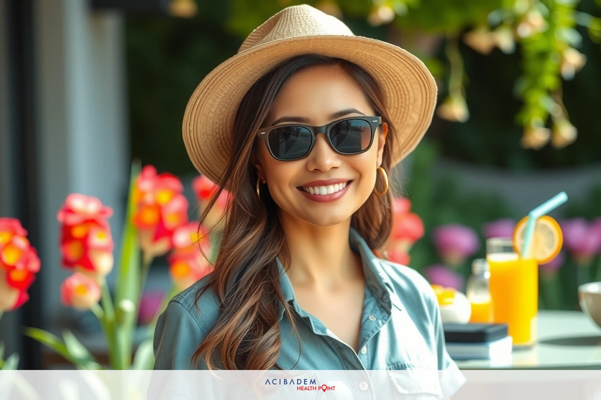 A woman wearing sunglasses and a straw hat, sitting at an outdoor table with orange juice in front of her. She is smiling and appears to be enjoying the setting.