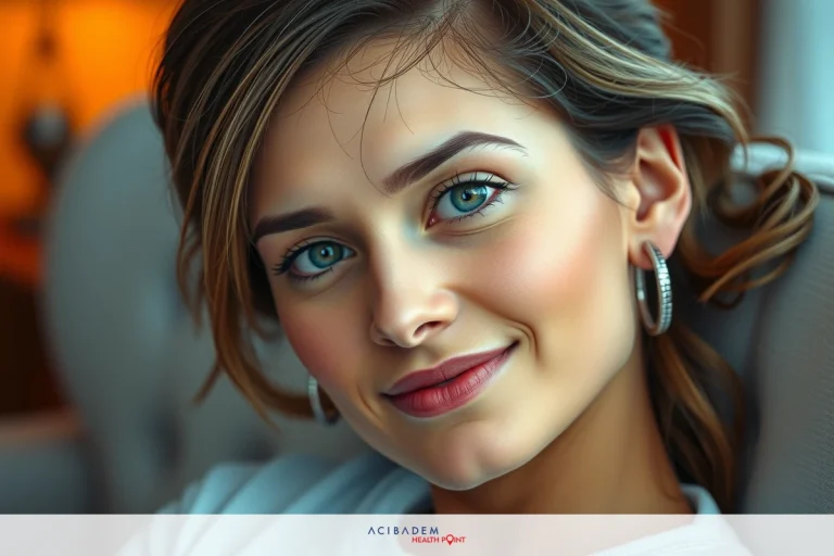 The image features a young woman with long hair, smiling gently towards the camera. She has blue eyes and is wearing earrings. The woman appears to be sitting on a sofa or couch indoors, possibly in a living room or studio setting, as suggested by the neutral colors and soft lighting.