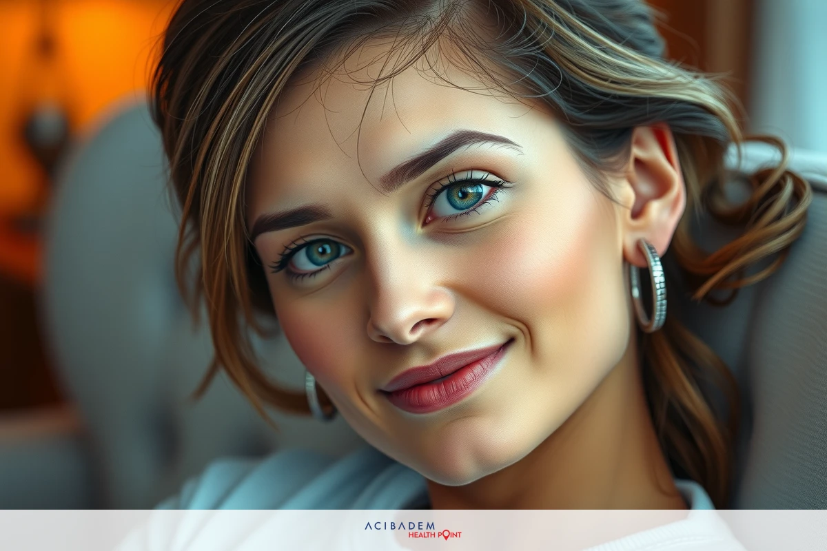 The image features a young woman with long hair, smiling gently towards the camera. She has blue eyes and is wearing earrings. The woman appears to be sitting on a sofa or couch indoors, possibly in a living room or studio setting, as suggested by the neutral colors and soft lighting.