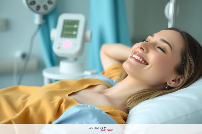 Smiling woman in medical examination room with medical equipment monitoring her vital signs. She appears to be at ease, possibly during a routine checkup or procedure.