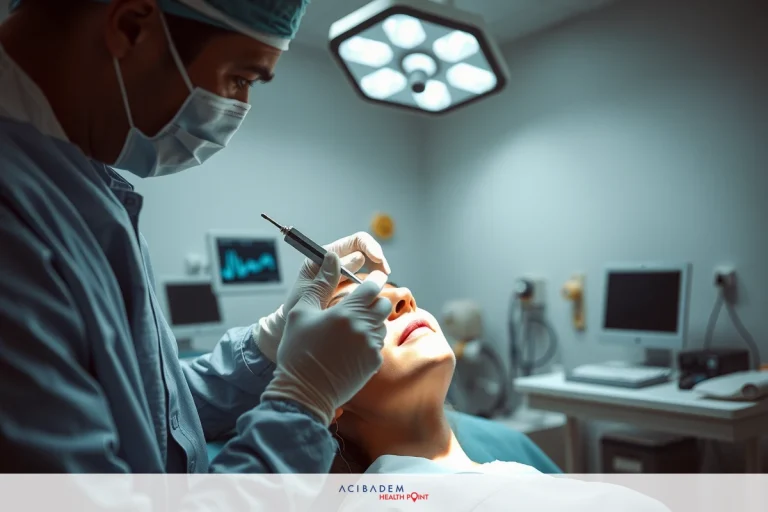 The image shows a medical setting with a plastic surgeon performing a procedure on a patient's nose. The doctor is wearing surgical scrubs and a mask, and uses gloves to handle the instruments.