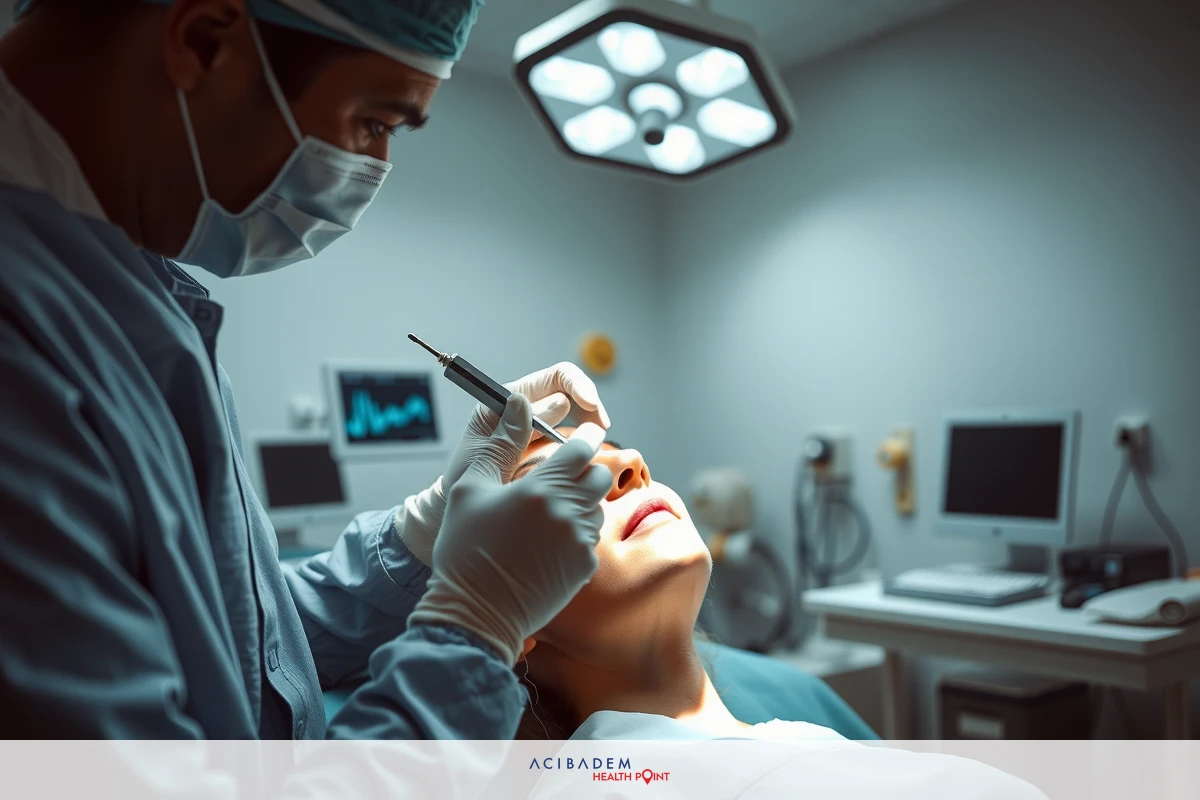 The image shows a medical setting with a plastic surgeon performing a procedure on a patient's nose. The doctor is wearing surgical scrubs and a mask, and uses gloves to handle the instruments.