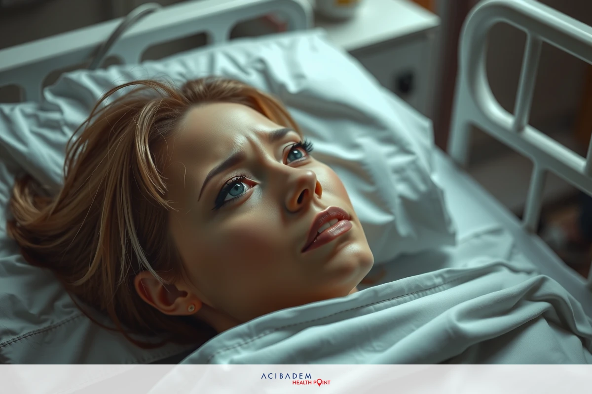 The image features a woman lying in a hospital bed, appearing to be in distress or pain. The room has sterile white walls and is equipped with medical monitors.