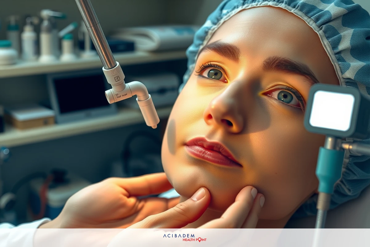 The image depicts a woman at a medical examination. She is seated and has her head slightly tilted upwards, with her mouth open as if receiving treatment.