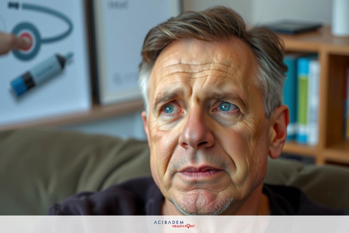 The image shows a man sitting on a couch. He appears to be older, with short hair and a serious expression. The room has a bookshelf in the background with various books on it.