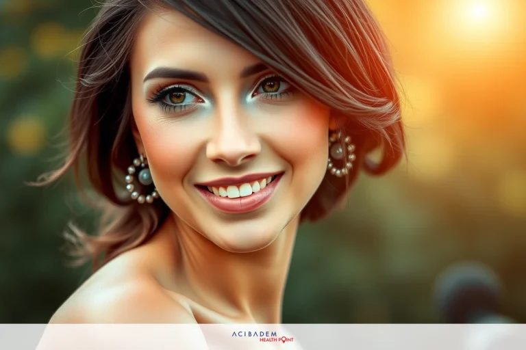 The image shows a young woman with long, wavy hair smiling towards the camera. Her attire consists of a sleeveless top and she is wearing light makeup that includes eyeliner and lipstick. She appears to be outdoors as there is an orange glow suggesting either sunrise or sunset.