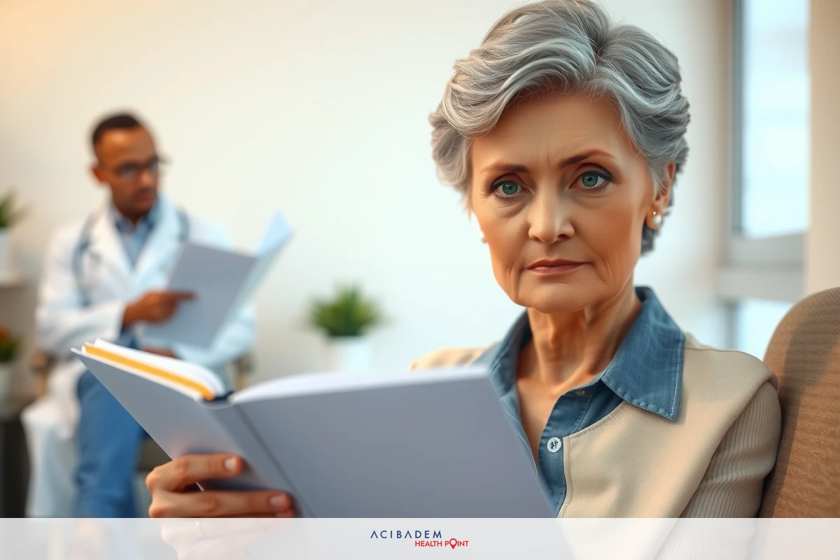 The image shows an indoor setting where a doctor and a patient are engaged in a medical consultation. The elderly woman, the patient, is seated on the left side of the frame, holding some medical papers.