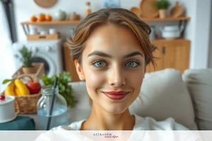 A young woman with blue eyes is smiling, sitting in a modern kitchen. The room has wooden elements, and there are various items around her such as fruit and bottles.