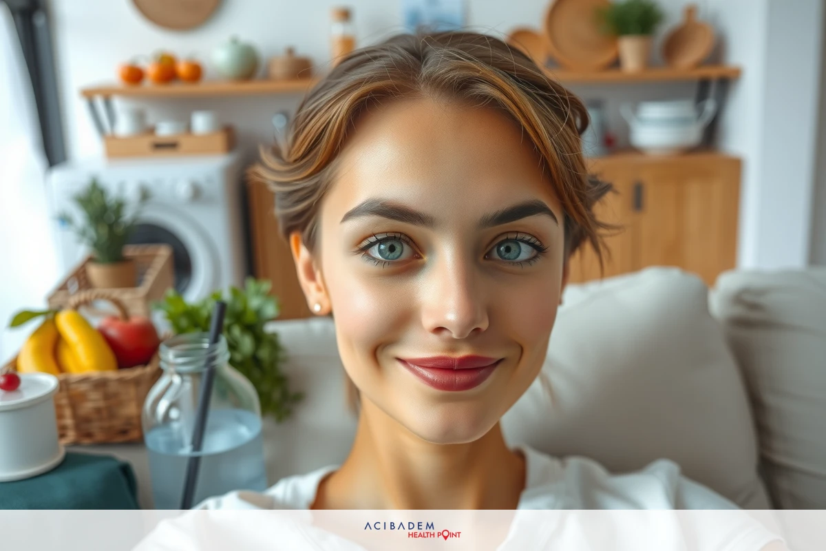 A young woman with blue eyes is smiling, sitting in a modern kitchen. The room has wooden elements, and there are various items around her such as fruit and bottles.