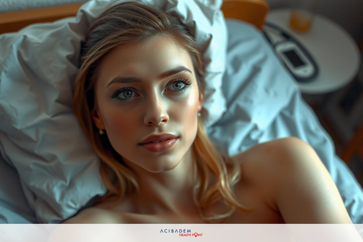 A woman lying naked in bed with a relaxed expression. She has long brown hair, blue eyes and is wearing subtle makeup.