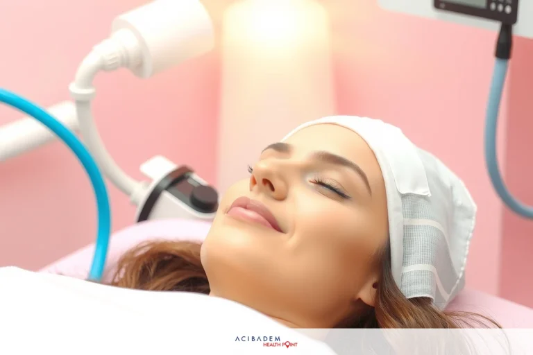 The image shows a woman lying on her back, smiling at the camera. The environment suggests she might be in a hospital or a medical facility.