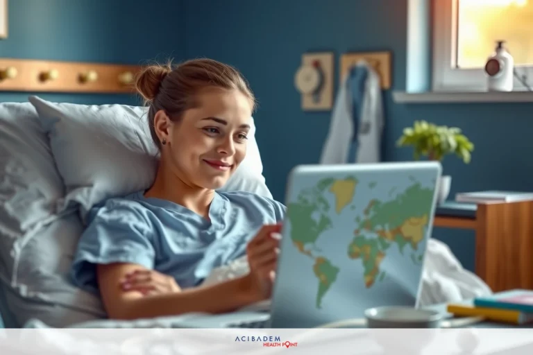 Flying Home After BBL Surgery A smiling woman in a hospital bed, using a laptop. She is surrounded by medical equipment with blue walls, and there's a world map visible nearby.