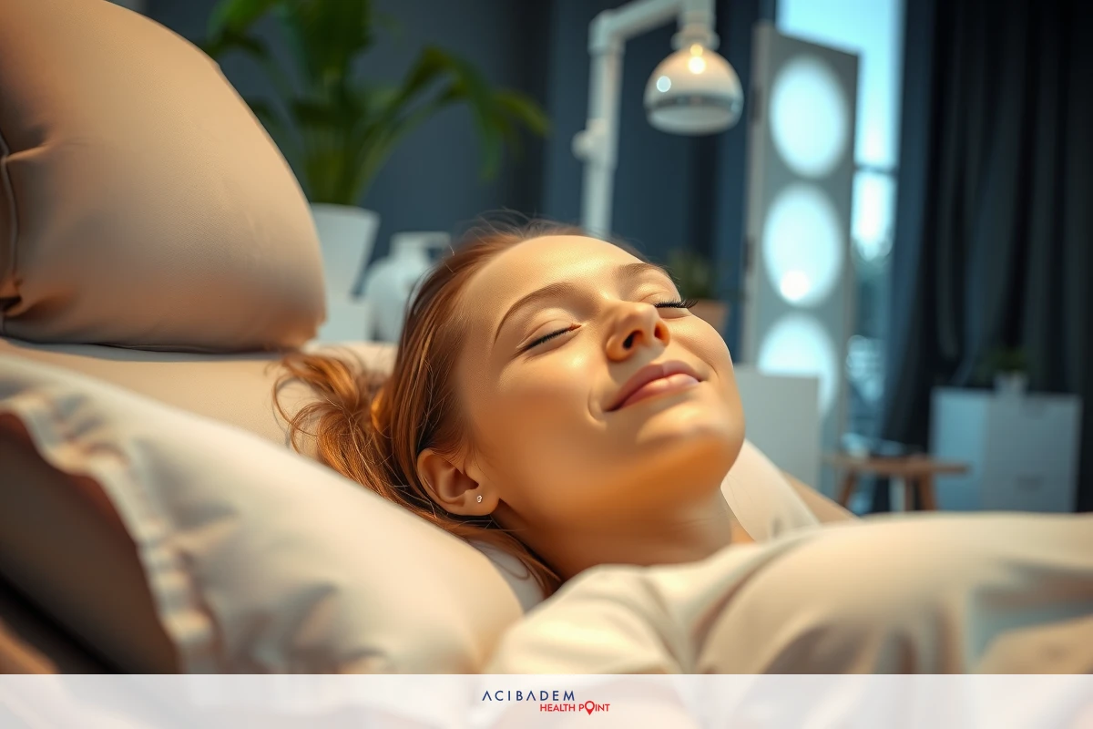 The image shows a woman with her eyes closed, seemingly in a state of relaxation or sleep. She is lying on a bed with white sheets, and there appears to be a serene environment around her.