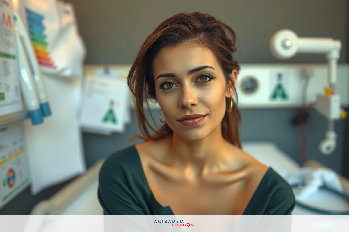 The image features a young woman seated in a hospital bed. She is dressed in a green top and her expression is serious as she looks at the camera. The environment suggests a medical setting with medical equipment visible in the background.