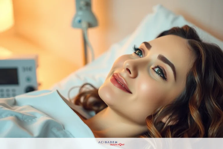 The image shows a woman lying in a hospital bed. Her expression appears relaxed with a gentle smile on her face. The environment around her includes medical equipment typical of a healthcare setting.