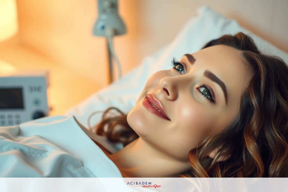 The image shows a woman lying in a hospital bed. Her expression appears relaxed with a gentle smile on her face. The environment around her includes medical equipment typical of a healthcare setting.