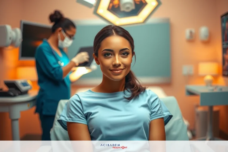 The image depicts a medical office setting. In the foreground, there is a woman wearing scrubs and seated in a chair.