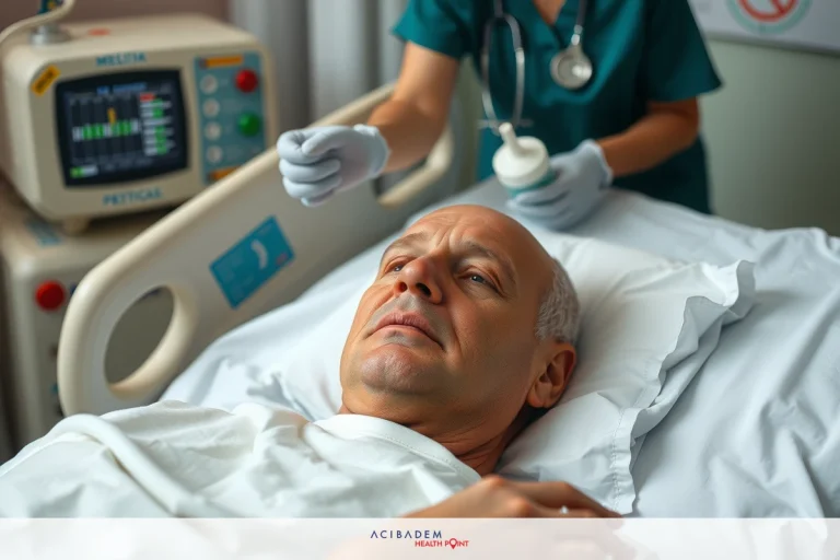 Medical scene with a hospital patient on a bed, monitored by a healthcare professional. The room is equipped for medical treatment and monitoring. The focus is on the interaction between the patient and caregiver.