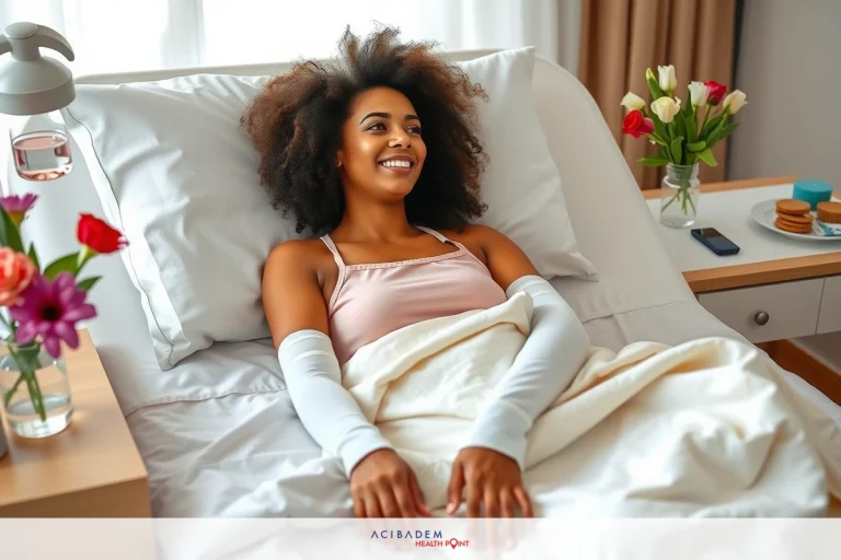 The image shows a woman lying in a hospital bed with her arms resting on the bed. She is smiling and appears to be at ease. There are flowers beside her, adding a touch of color to the scene. The hospital room is brightly lit and has a modern design.
