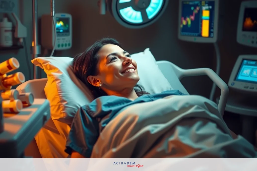 How Soon After Rhinoplasty Can Start Taking Alleve? A woman is lying in a hospital bed, smiling, with various medical equipment around her. The environment suggests a healthcare setting.