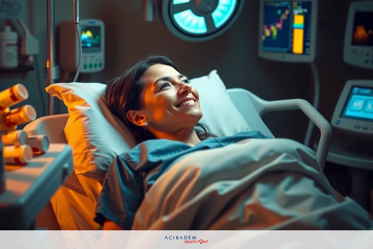 A woman is lying in a hospital bed, smiling, with various medical equipment around her. The environment suggests a healthcare setting.