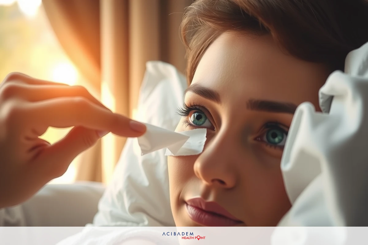 The image shows a woman lying in bed, with relaxed facial expression. She is holding a white tissue to one of her eyes, possibly indicating a sense of calm or self-care.