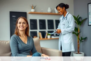This is a photograph capturing an indoor scene where a woman is seated comfortably on a couch, smiling at the camera. Opposite her stands a professional, wearing a white medical coat and holding what appears to be patient records or notes. The environment suggests a modern, clean clinic setting with contemporary furniture and lighting.