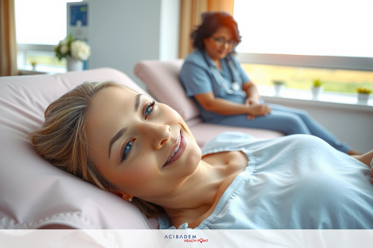 The image shows a woman lying on a hospital bed, smiling at the camera. She has blonde hair and is wearing a light blue gown. Another person with an apron sits nearby. The room appears to be well-lit with natural light coming from the window.