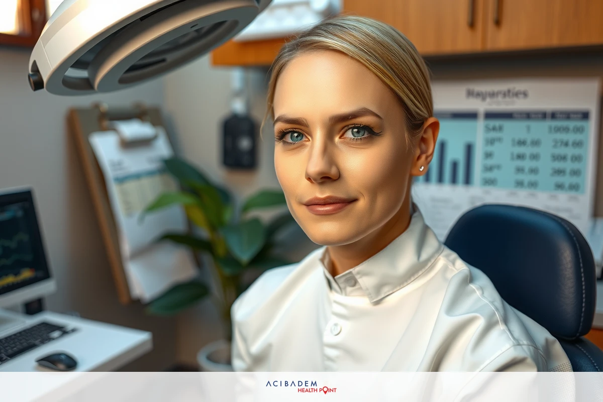 A female plastic surgeon with a professional setup, featuring a medical chair and computer screen.