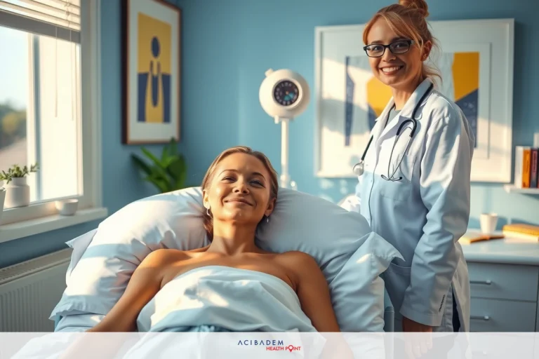 Questions to Ask Before BBL Surgery The image depicts a healthcare setting with two individuals. One person is lying down on a bed, wearing a hospital gown and appearing to be in a post-medical procedure state. The other individual stands nearby, dressed professionally in medical attire, suggesting they are providing care or instructions.