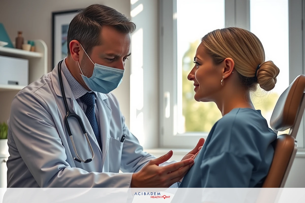 A doctor in a medical office wearing a stethoscope, examining a patient seated in an adjustable chair. The environment suggests a healthcare setting with light colors and modern furniture.